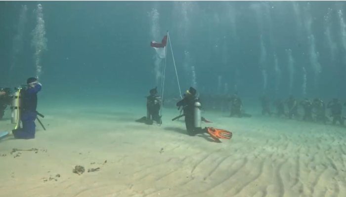 HUT RI Ke-79, Ditpolairud Polda Sultra Bersama Komunitas Scuba Diving Kibarkan Bendera Underwater